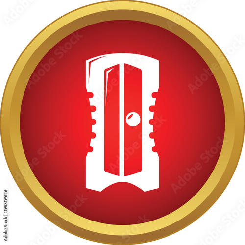 White pencil sharpener simple icon inside a red and gold circle