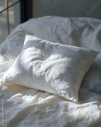 White pillow on crumpled linen bed sheet in soft morning sunlight