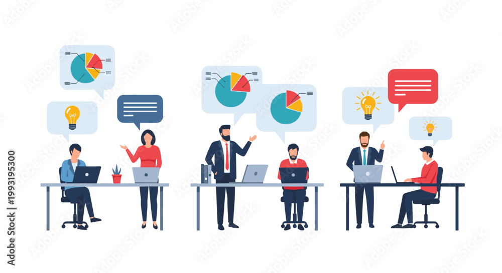 Εκτύπωση καμβά Three separate teams of office workers collaborate on projects using laptops while various analytical graphs and idea icons appear in speech bubble set