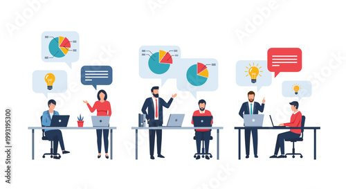 Three separate teams of office workers collaborate on projects using laptops while various analytical graphs and idea icons appear in speech bubble set.
