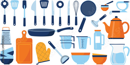 Colorful Kitchen Utensil and Cookware Set with Spatula, Whisk, Pan, Teapot, Bowls, and Tools for Cooking and Food Design Projects