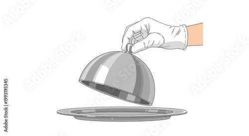 A hand wearing a formal white glove carefully lifts the lid of a polished silver serving cloche to reveal the empty platter on a clean white surface.
