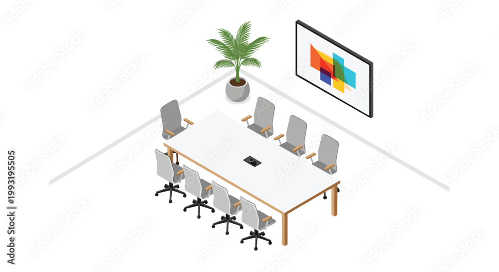 Fototapeta premium An isometric view of a professional conference room features a long white meeting table, grey office chairs, and a large digital display screen setup.