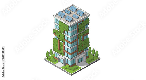 A modern multi-story office building features lush green vertical gardens and a rooftop array of blue solar panels for sustainable energy production.