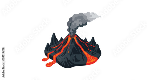 A dramatic isometric view of an erupting volcano shows bright orange lava flowing down its dark rocky slopes while a thick plume of gray smoke rises.