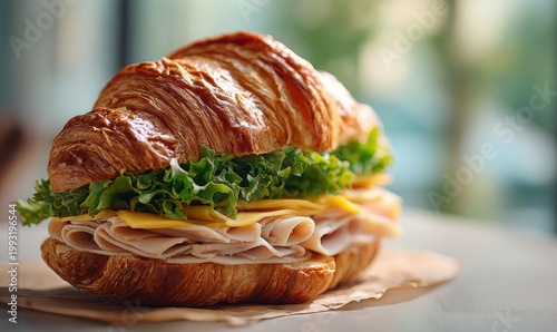 Turkey and cheese sandwich in flaky croissant