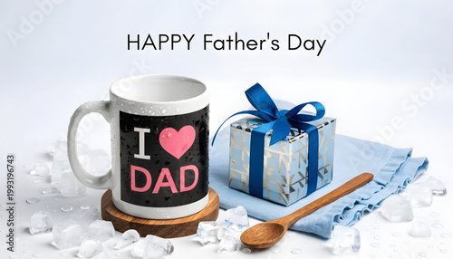 Happy fathers day concept with a mug, gift box, and wooden spoon on a white background