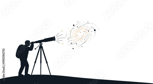 A solitary silhouette of an astronomer gazes through a professional telescope at a vibrant golden spiral galaxy within a vast and empty white expanse.