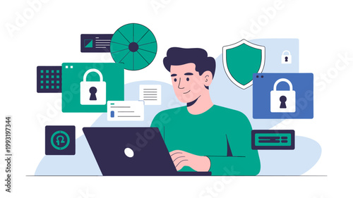 Cyber safety online session with user learning digital security and data protection vector illustration