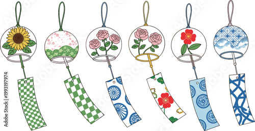 Fotografie Japanese Floral Wind Chime Furin Bell Set with Sunflower, Rose, and Camellia Pat