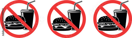 No Food and Drink Prohibition Sign Set with Burger and Soda Cup Inside Red Crossed Circle in Three Sizes for Warning Label Vector Design