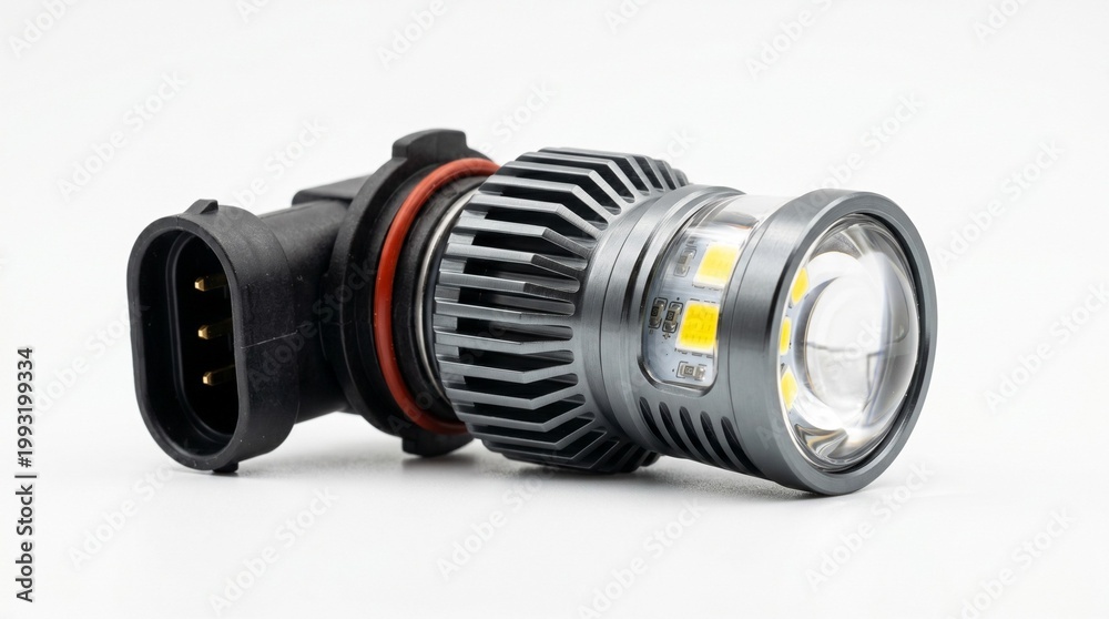 Fototapeta premium 自動車用高輝度LEDフォグランプバルブのクローズアップ。6000Kホワイトの爆光ヘッドライト交換用パーツ、アルミヒートシンク搭載。カタログ・広告向け白背景の商品写真素材