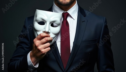 Man in suit holds white mask obscuring face. Businessman hides true self with mask, showing dual personality. Concept of deception and hidden identity.
