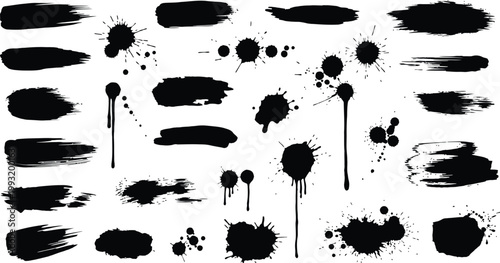 Collection of Black Ink Splatter and Brush Stroke Elements on White
