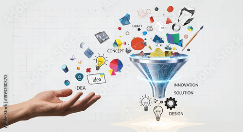 Creative idea generation, innovation process, business strategy, marketing funnel concept