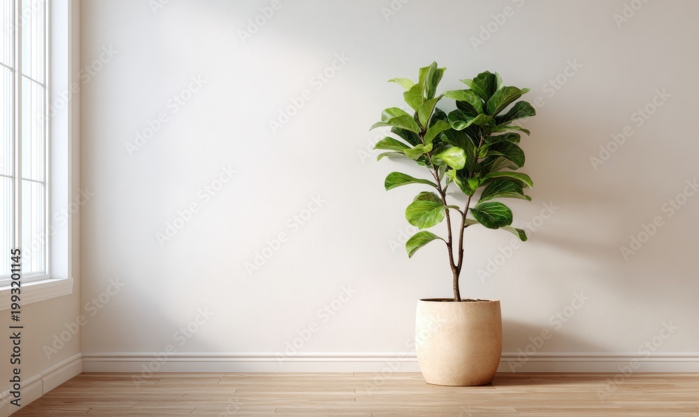 Fototapeta premium Minimalist living room with a single fiddle-leaf fig in soft natural light