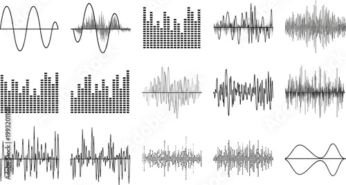 Technical line-art icon suite featuring industrial chainsaws and timber transport for resource management media.