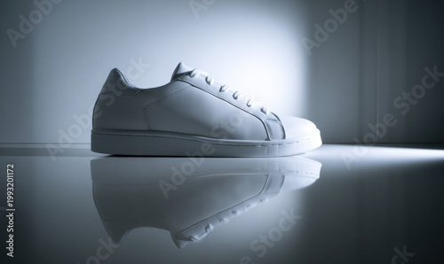 Single white sneaker in studio light, reflecting on shiny floor