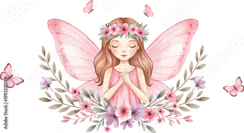 Whimsical fairy with flowers and butterflies in a serene peaceful natural setting with her hands together in prayer