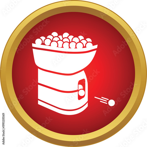 Tennis ball machine launching a ball on a red and gold icon