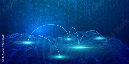 Digital data transfer across glowing network landscape, blue binary code background, abstract technology communication illustration