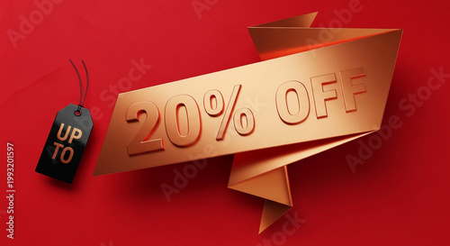 Graphic of golden 20% off sign on red background with a black tag. Representative of discounts, sales, and promotions. Free space