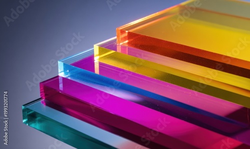 Stacked translucent colored acrylic sheets in vivid rainbow tones