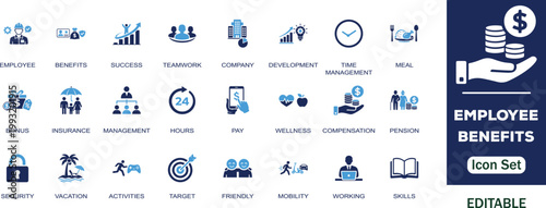 Employee Benefits editable solid icon set. Containing success, teamwork, company, development, meal, social security, pay, health, life insurance, pension, vacation and more vector icons collection.