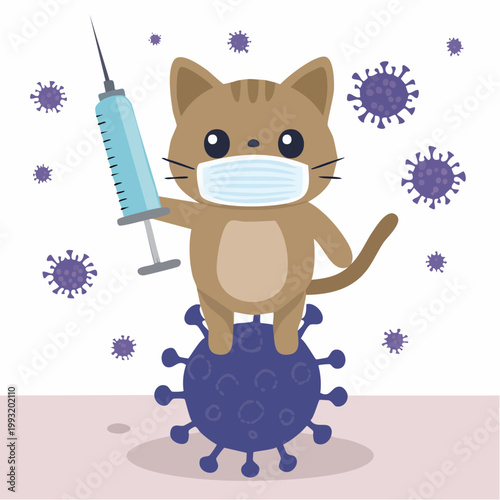Cute Cat with Syringe and Mask Fighting Coronavirus