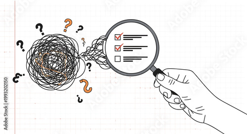 Confused business, magnifying glass, checklist, question marks, tangled lines, vector illustration