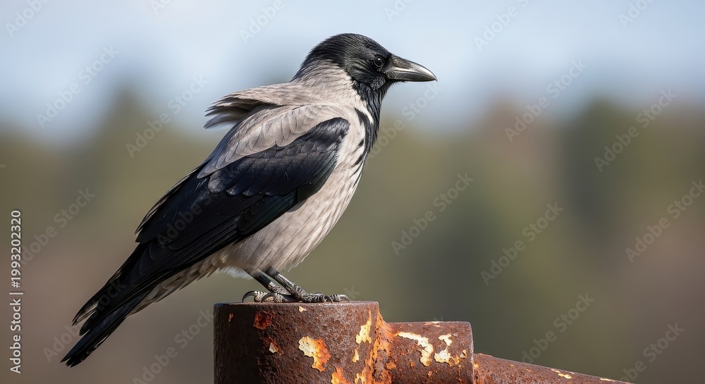 Obraz premium Elegant Hooded Crow Perched on Weathered Metal Structure.