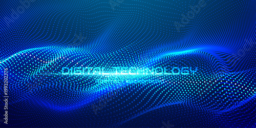 Digital technology abstract background with flowing particle wave, blue dotted data stream, futuristic big data and network technology illustration
