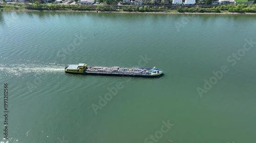 Industrial ship on River Rhine - aerial view