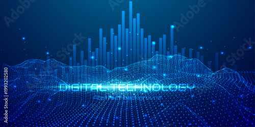Digital technology abstract background with glowing data landscape grid and bar chart, blue futuristic big data analytics illustration