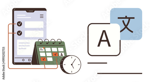 Language learning, digital planning, productivity tools, time tracking, multilingual tools, user interface design. Smartphone, calendar clock and translation icons. Language tools and digital