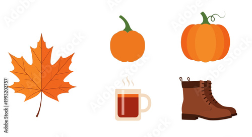 Flat design vector illustration of autumn harvest symbols including leaves pumpkin mug and boots for seasonal lifestyle marketing concept