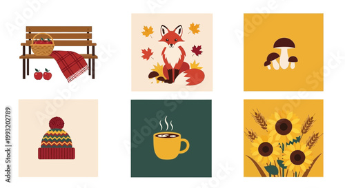 Flat design vector illustration of cozy autumn scene featuring woodland creatures enjoying warm drinks in a peaceful forest setting lifestyle