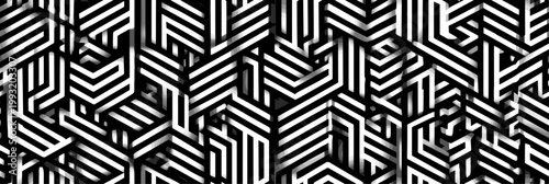 Abstract stripped pattern creating intricate three dimensional geometric shapes and optical illusion. Isometric black and white striped geometric pattern creating abstract maze