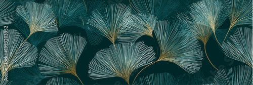 Abstract pattern featuring teal and white fan shapes with golden highlights on a dark teal background. Fan-shaped lines seamless pattern with golden accents