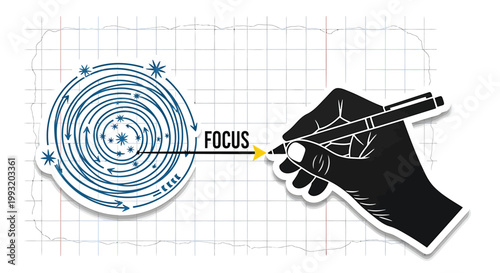 Business focus concept, target goal illustration, hand holding pen on grid paper, motivational aim vector