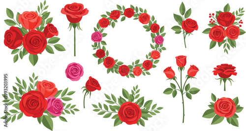 Collection of red roses and floral arrangements on white background