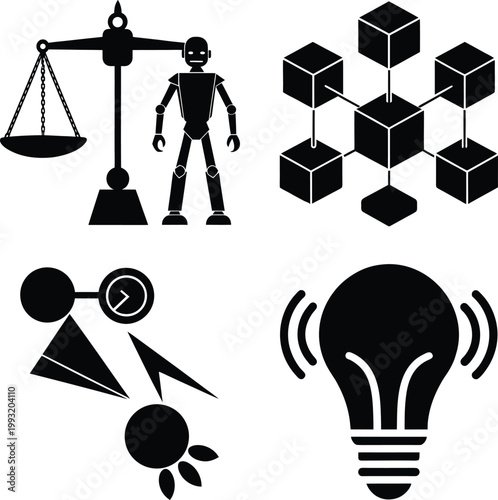AI Technology Innovation and Blockchain Network Systems Conceptual Icons