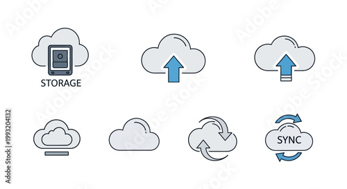 Cloud icons for storage, upload, and synchronization