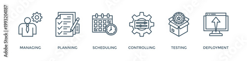 Release management banner web icon vector illustration concept with icon of managing, planning, scheduling, controlling, testing and deployment