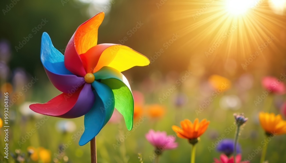 Fototapeta premium Bright rainbow pinwheel spins in sunny meadow among wildflowers. Symbolizes childhood fun play happiness. Kids celebrate summer outdoor day. Joyful summer meadow background.