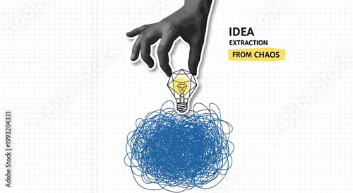 Creative idea extraction concept, innovation and inspiration vector, lightbulb emerging from chaos, brainstorming and problem solving