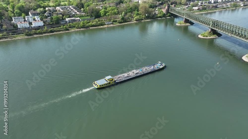 Industrial ship on River Rhine - aerial view