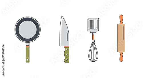 Set of flat vector icons of kitchen tools including frying pan, knife, whisk, and rolling pin.