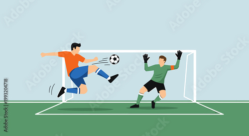 Soccer player kicking ball towards goal goalkeeper defending sport action illustration
