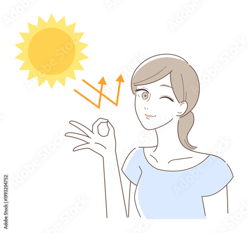 紫外線対策で美肌を保つ女性のイラスト（UVケア・日焼け防止・OKサイン）